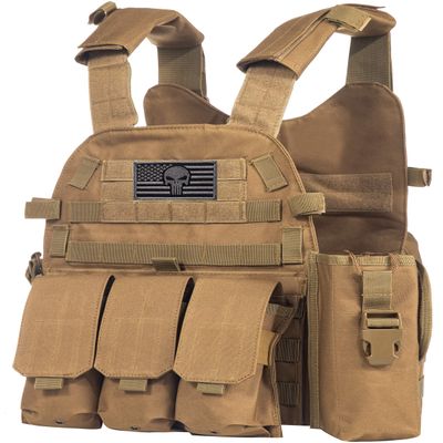 Sentry 2.0 Tactical PALS Molle Airsoft Paintball Vest with Side Cummerbund, Mil Spec 1000D Modular w/Triple Mag Pouch, IFAK (Coyote Brown)