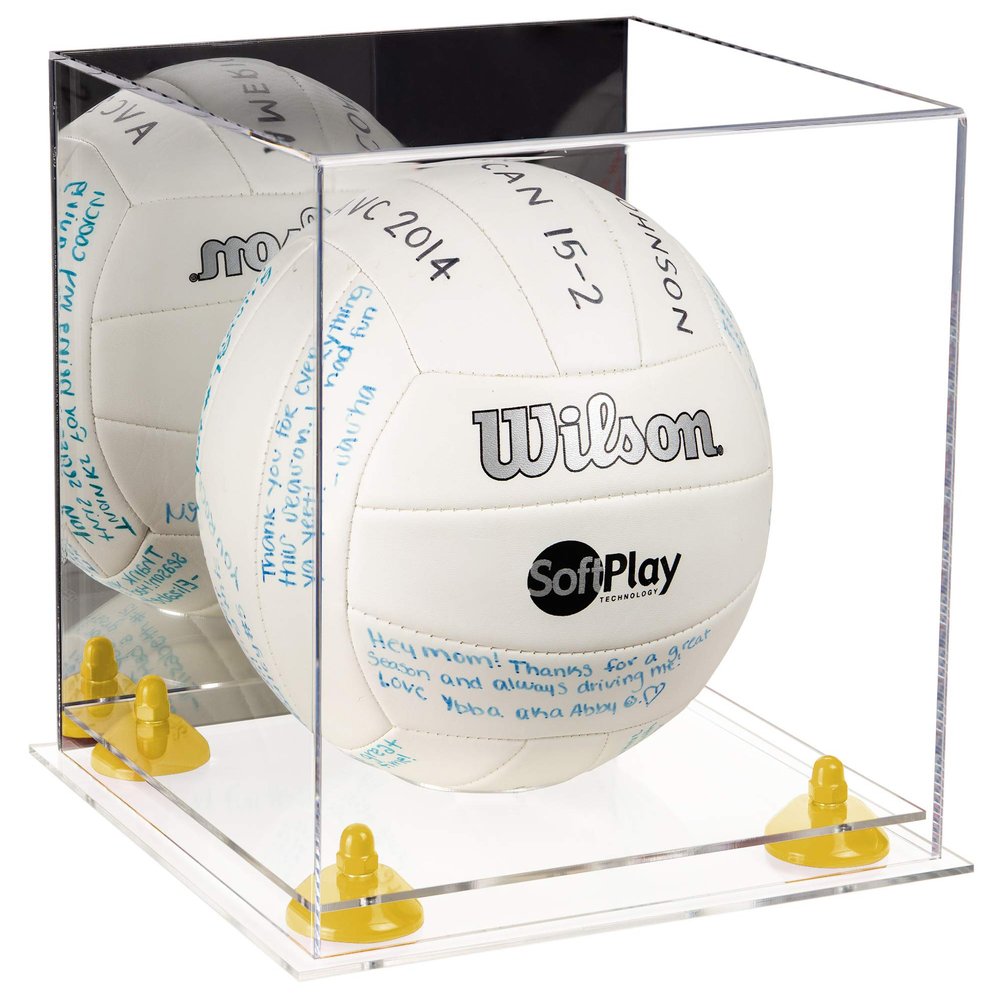 Better Display Cases Acrylic Volleyball Display Case with Mirror, Yellow Risers and Clear Base (B02)