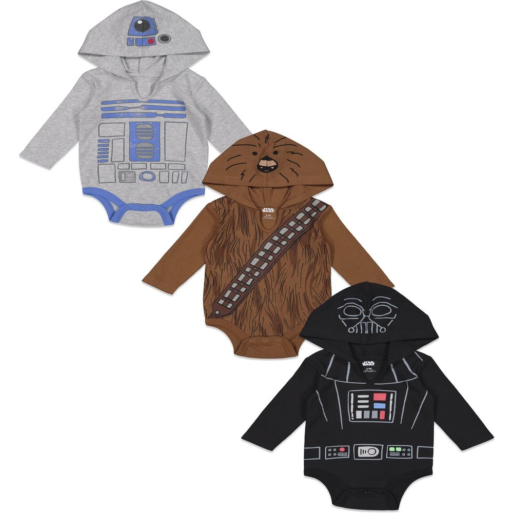STAR WARS Darth Vader R2-D2 Chewbacca Newborn Baby Boys 3 Pack Bodysuits White/Brown/Black 6-9 Months