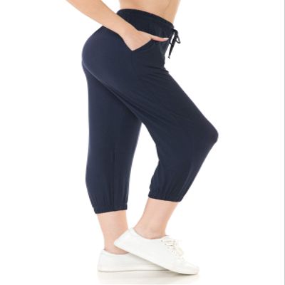 Leggings Depot Womens Relaxed fit Jogger Pants - Track Cuff Sweatpants with Pockets, Capri-Navy, Medium
