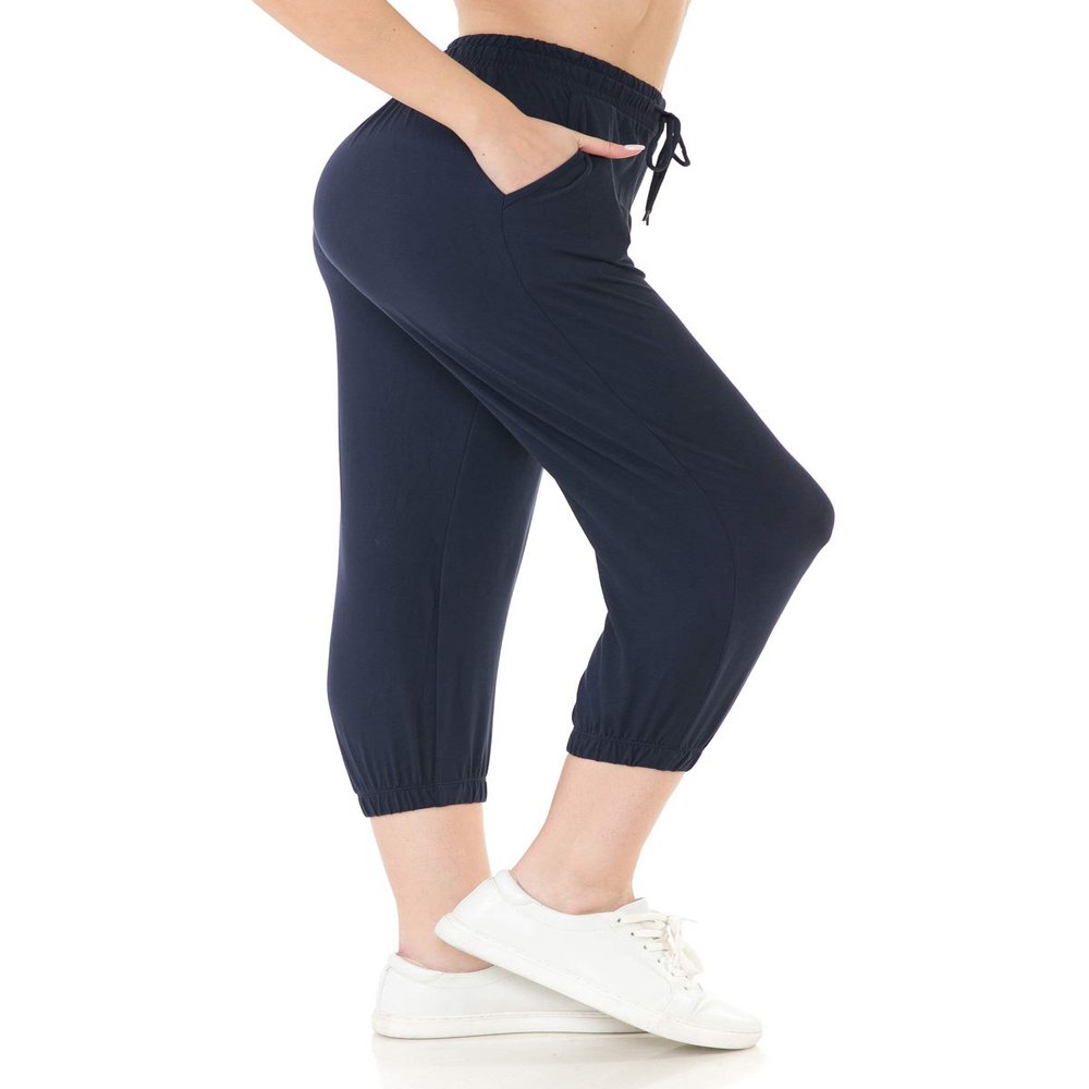 Leggings Depot Womens Relaxed fit Jogger Pants - Track Cuff Sweatpants with Pockets, Capri-Navy, Medium