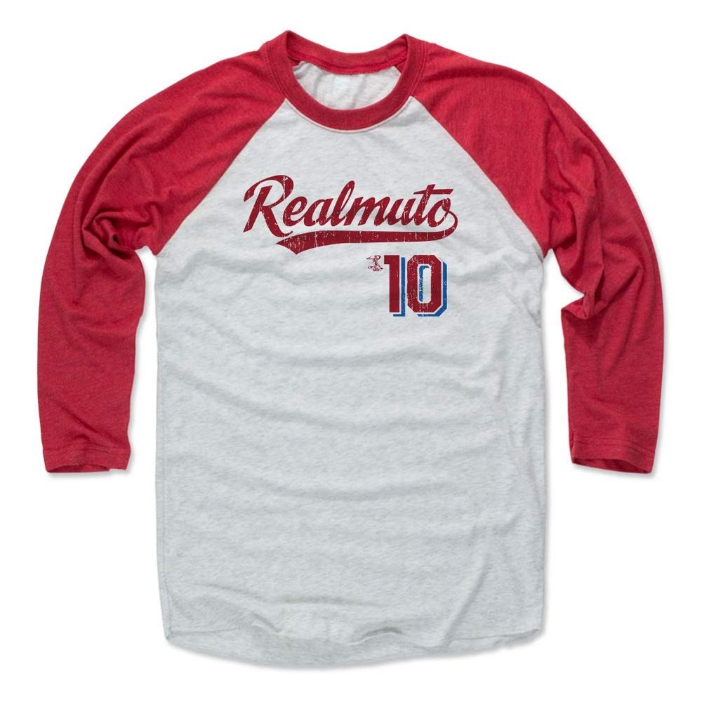 500 LEVEL J.T. Realmuto 3/4 Sleeve T-Shirt (Baseball Tee, X-Small, Red/Ash) - J.T. Realmuto Script