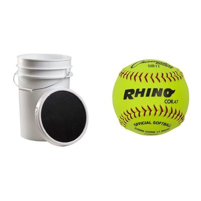 Champion Sports White Baseball Bucket with Soft Seat Lid and SB11 Official Youth 11 Optic Yellow Syntex Synthetic Leather Softball Set (24 Softballs)