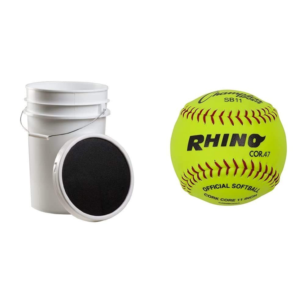 Champion Sports White Baseball Bucket with Soft Seat Lid and SB11 Official Youth 11 Optic Yellow Syntex Synthetic Leather Softball Set (24 Softballs)