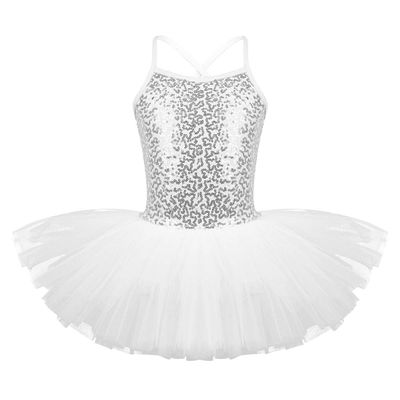 Yartina Kids Grils Ballet Dance Leotard Shiny Sequined Tutu Dress Gymnastics Ballerinas Skirts Dance Wear White 3-4
