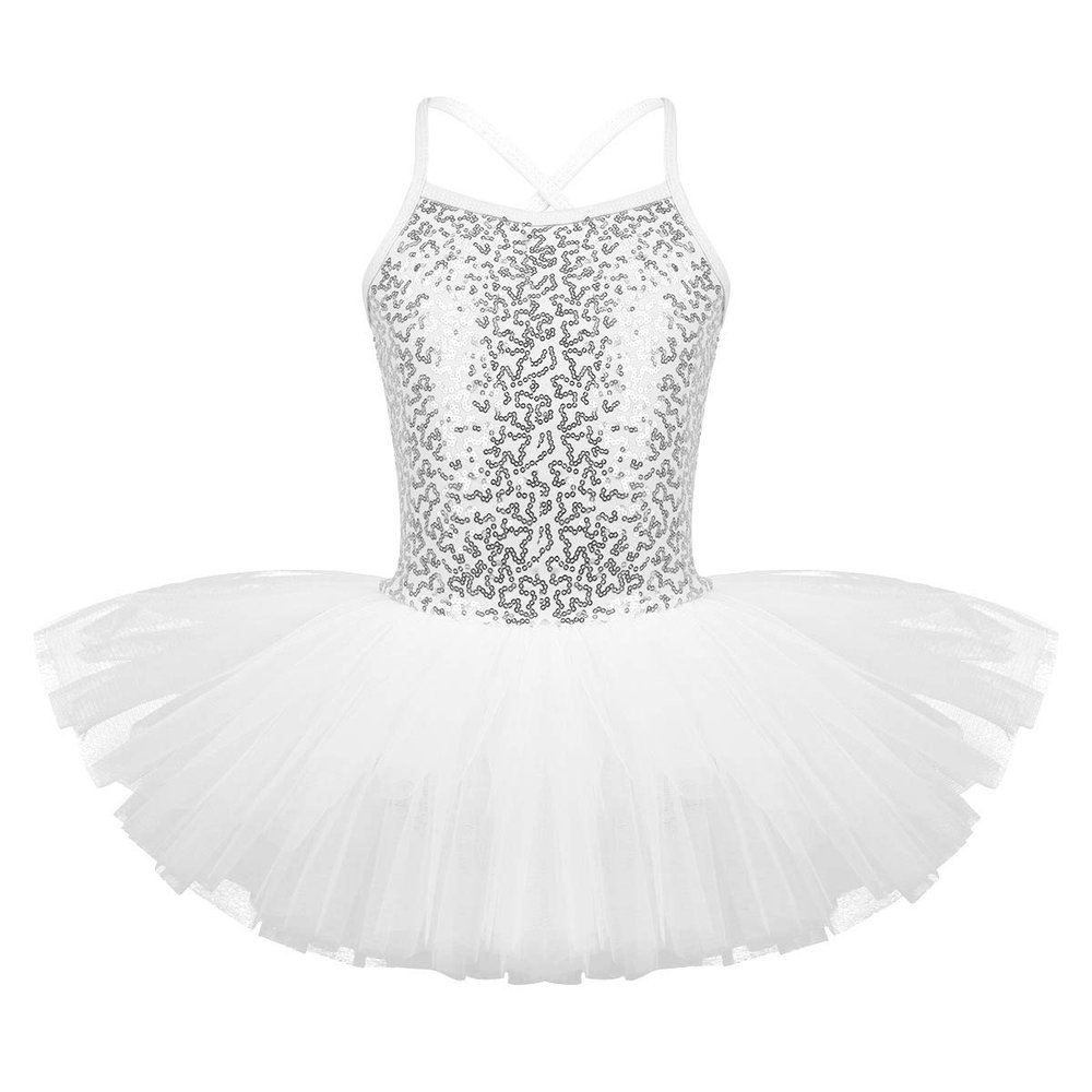 Yartina Kids Grils Ballet Dance Leotard Shiny Sequined Tutu Dress Gymnastics Ballerinas Skirts Dance Wear White 3-4