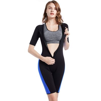 Bakerdani Women Sauna Neoprene Sweat Workout Fitness Waist Trainer Hot Slimming Suit Sleeve Bodysuit (BlackBlue, S = US size XS)