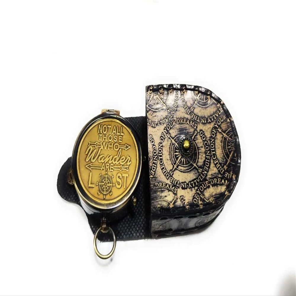 ARTIZANSTORE Not All Who Wander are Lost Brass Compass with Leather Case - Pocket Compass - Pirates Compass - Gift Compass - Camping Compass
