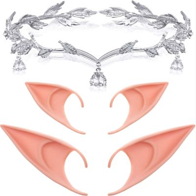 Maitys Halloween Elf Ears with Crown Set Fairy Crown Headpiece Leaf Tiara and Soft Elves Ears for Women Cosplay Costume Party