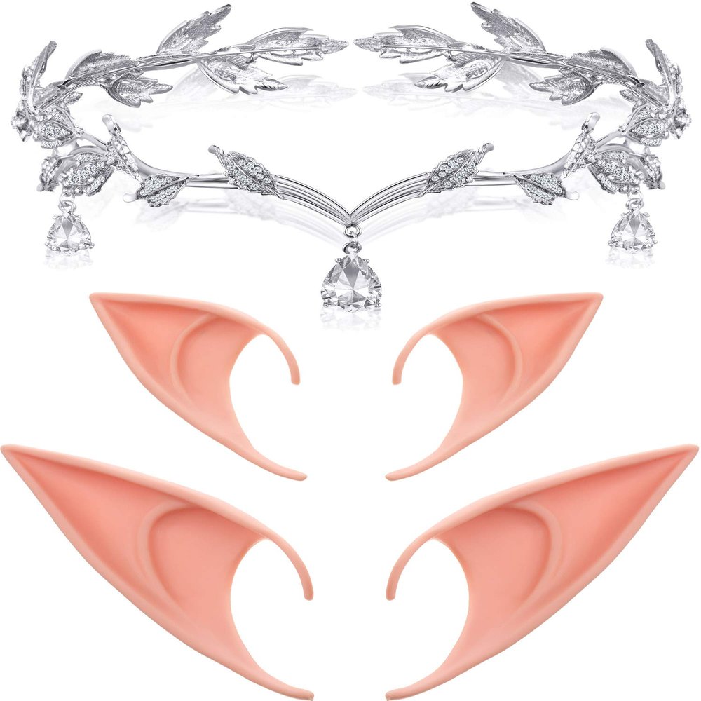 Maitys Halloween Elf Ears with Crown Set Fairy Crown Headpiece Leaf Tiara and Soft Elves Ears for Women Cosplay Costume Party