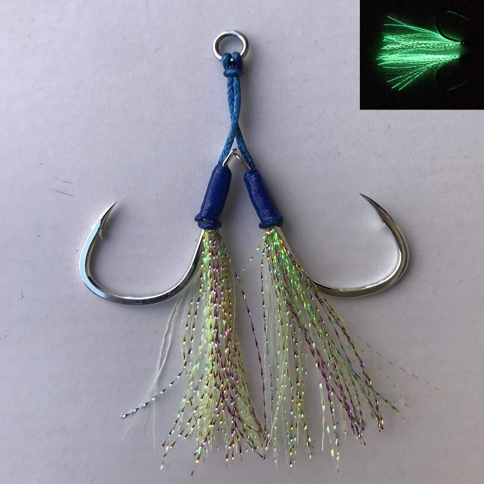 AFFORDABLE Fishing Set of 2/4/6/8/10 Pieces Glow Assist Duple Carbon Steel Circle Fishing Hooks (Hook Size 5/0) (Vertical Jigging Fishing and Saltwater Fishing) (Set of 10 Pieces Duple Assist Hooks)
