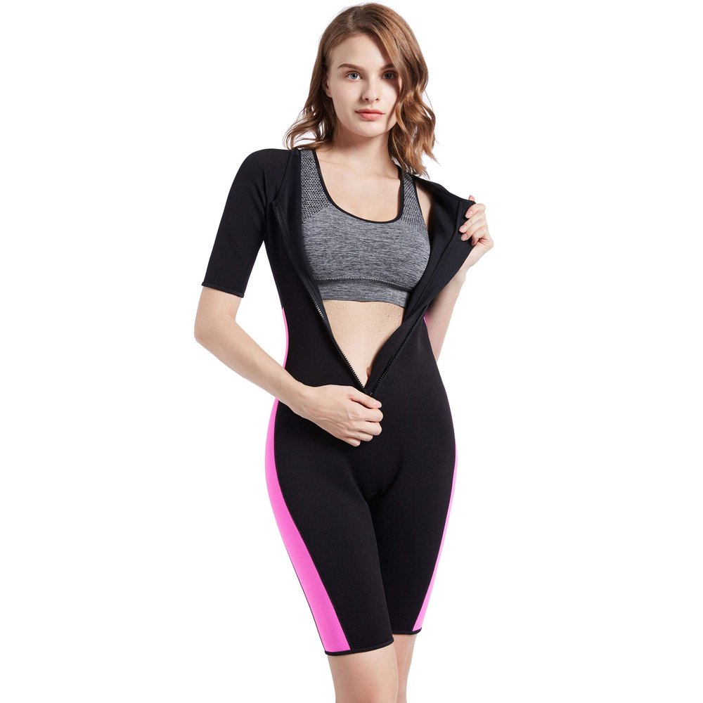 Bakerdani Women Sauna Neoprene Sweat Workout Fitness Waist Trainer Hot Slimming Suit Sleeve Bodysuit