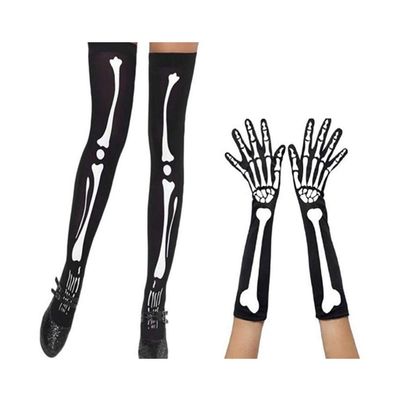 EXCEART Halloween Skeleton Gloves and Stockings Set Skull Bone Pattern Long Socks and Gloves for Halloween Party Cosplay and Costume Accessories
