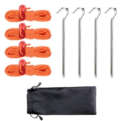 Azarxis Outdoors Tent Stakes Pegs with Reflective Guy Lines Ropes 13ft per Piece with Aluminum Cord Adjuster Tensioner for Camping Hiking Backpacking (4 Silvery Pegs & 4 Orange Cords - 3mm)