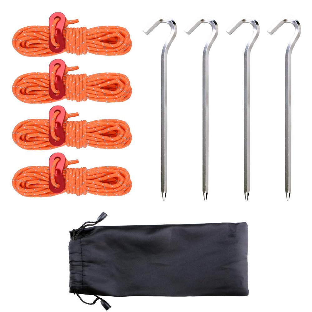Azarxis Outdoors Tent Stakes Pegs with Reflective Guy Lines Ropes 13ft per Piece with Aluminum Cord Adjuster Tensioner for Camping Hiking Backpacking (4 Silvery Pegs & 4 Orange Cords - 3mm)