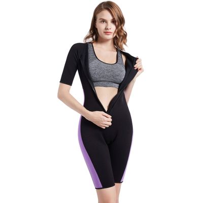 Bakerdani Women Sauna Neoprene Sweat Workout Fitness Waist Trainer Hot Slimming Suit Sleeve Bodysuit (BlackPurple, 3XL = US size 2XL)