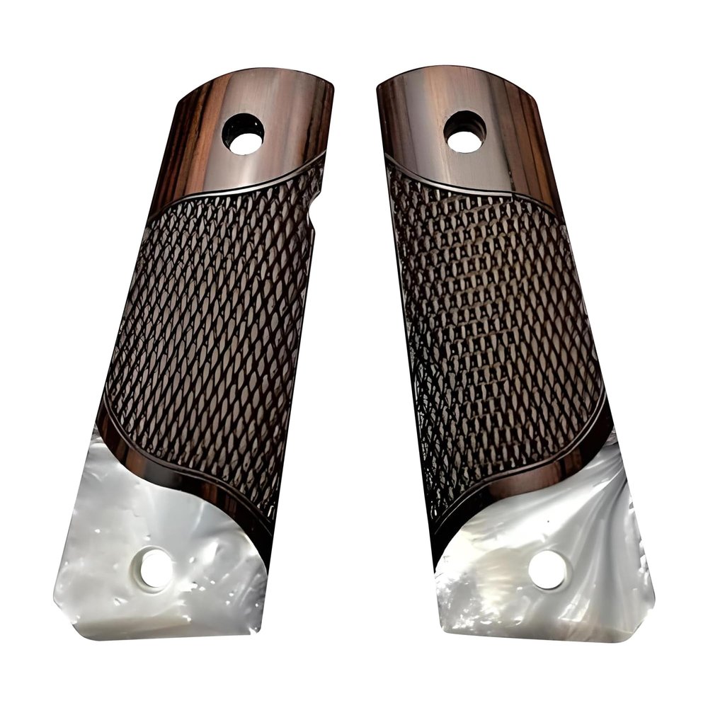 Compatible Replacement for 1911 Colt Full Size Classic Checkered Rosewood Premium Gun Grips Pearl Accent Bonus 4 Gold Screws