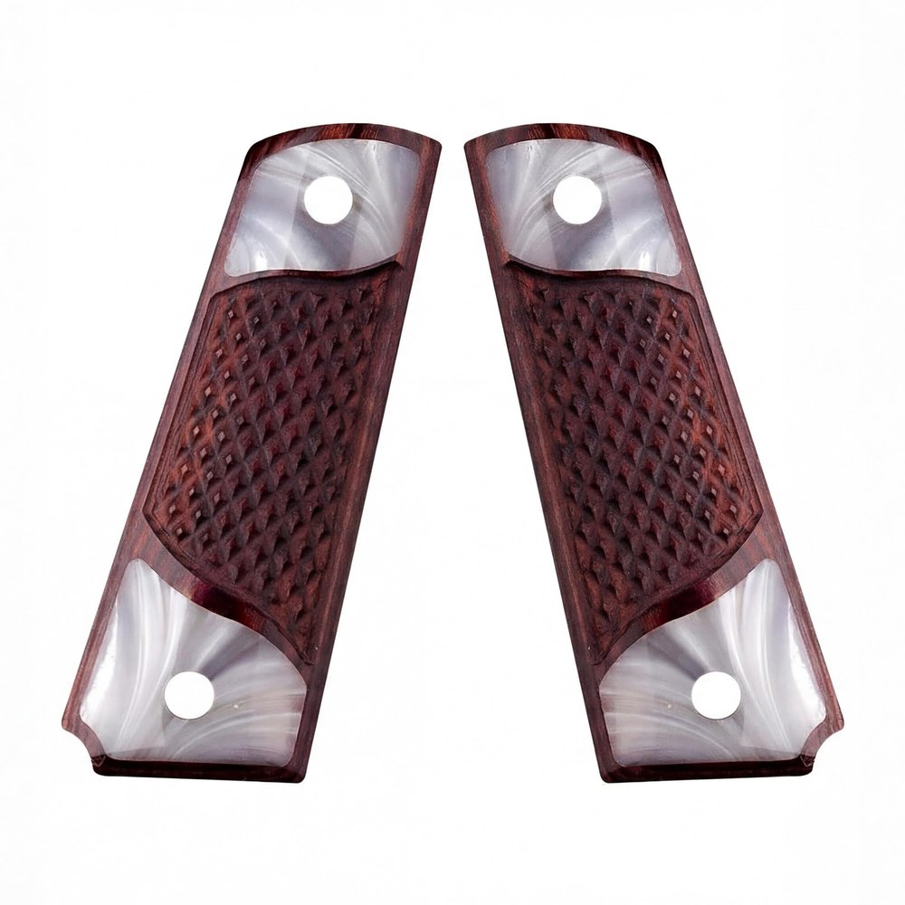 Compatible Replacement for 1911 Grips Full Size Checkered Rosewood Premium Gun Grips with Pearl Accents
