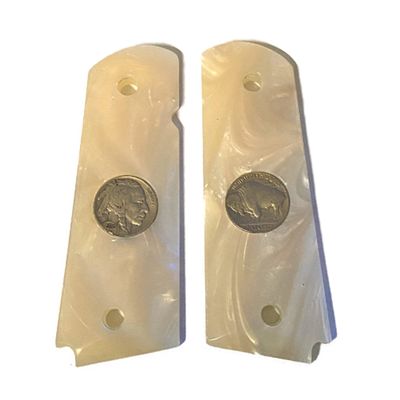 Premium Grips Compatible Replacement for Full Size 1911 Grips Pearl w/Buffalo Nickel Inserts Colt Gov. & Clones Taurus, S&W, Springfield, Rock Island Mother of Pearl