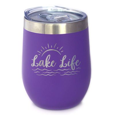 Bevvee Lake Life - Wine Tumbler with Sliding Lid - Stemless Stainless Steel Insulated Cup - Cute Outdoor Camping Mug - Purple