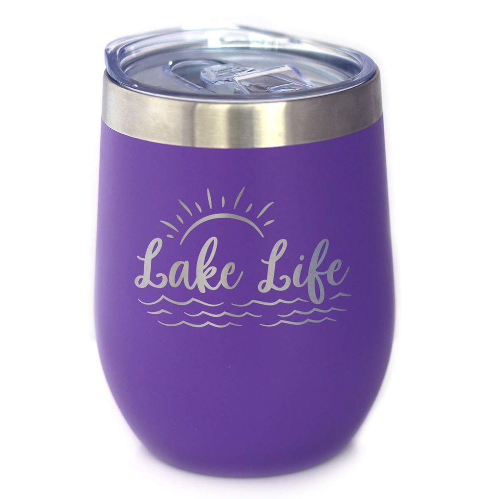 Bevvee Lake Life - Wine Tumbler with Sliding Lid - Stemless Stainless Steel Insulated Cup - Cute Outdoor Camping Mug - Purple