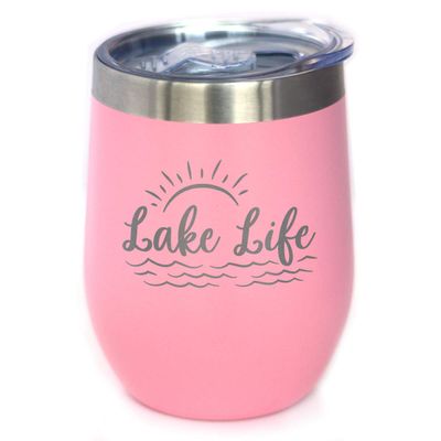 Bevvee Lake Life - Wine Tumbler with Sliding Lid - Stemless Stainless Steel Insulated Cup - Cute Outdoor Camping Mug - Pink