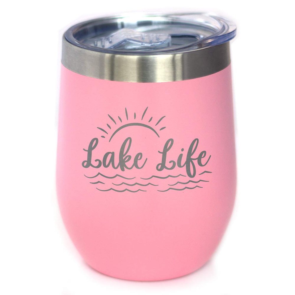 Bevvee Lake Life - Wine Tumbler with Sliding Lid - Stemless Stainless Steel Insulated Cup - Cute Outdoor Camping Mug - Pink