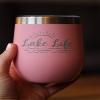 Bevvee Lake Life - Wine Tumbler with Sliding Lid - Stemless Stainless Steel Insulated Cup - Cute Outdoor Camping Mug - Pink view 3