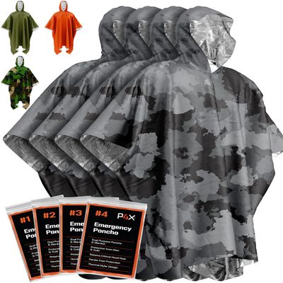 PREPARED4X Emergency Poncho with Mylar Blanket Liner  Heavy Duty, Waterproof, Wind-Resistant Green Rain Poncho for Outdoors, Camping, and Car Emergency Kits - Thermal Poncho - 4 Pack (Camo)