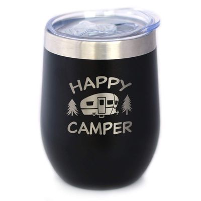 Happy Camper Wine Tumbler with Sliding Lid - Stemless Stainless Steel Insulated Cup - Cute Outdoor Camping Mug - Black