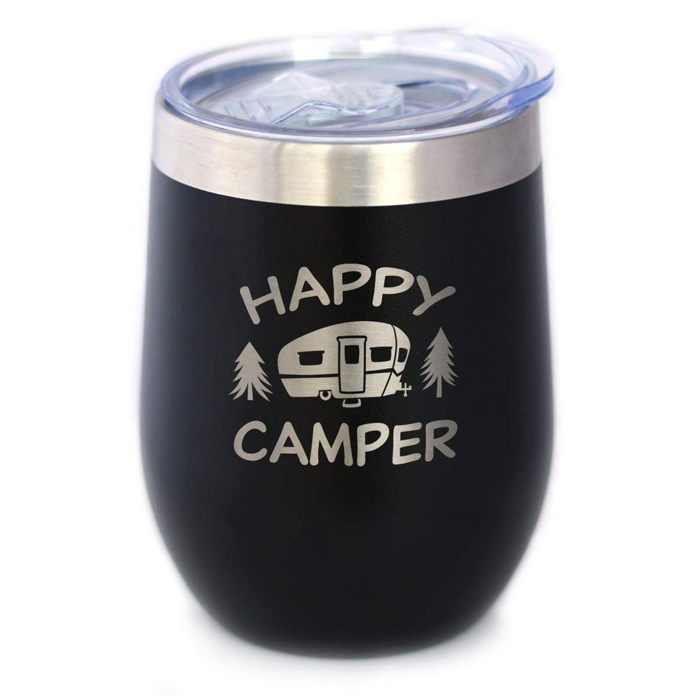Happy Camper Wine Tumbler with Sliding Lid - Stemless Stainless Steel Insulated Cup - Cute Outdoor Camping Mug - Black