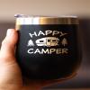 Happy Camper Wine Tumbler with Sliding Lid - Stemless Stainless Steel Insulated Cup - Cute Outdoor Camping Mug - Black view 3