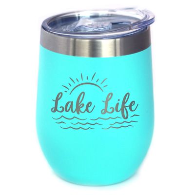 Bevvee Lake Life - Wine Tumbler with Sliding Lid - Stemless Stainless Steel Insulated Cup - Cute Outdoor Camping Mug - Teal