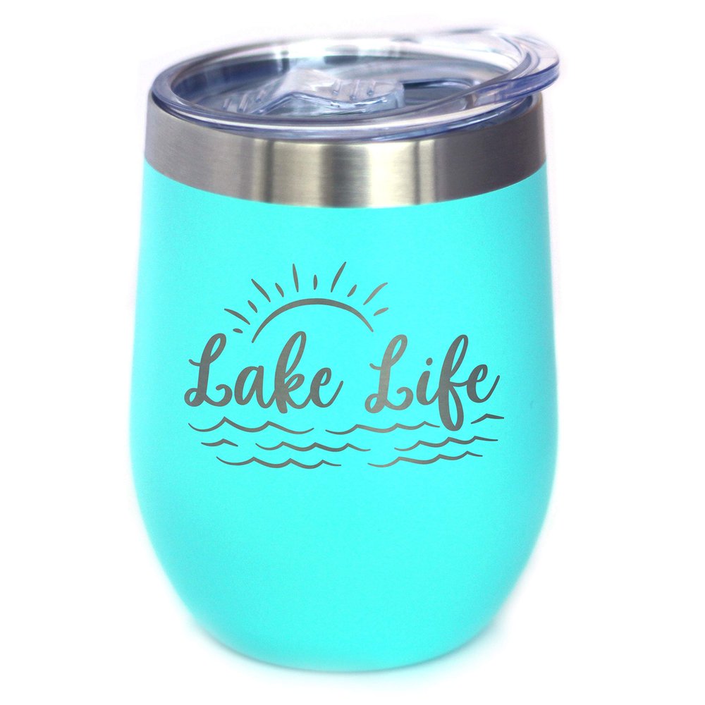 Bevvee Lake Life - Wine Tumbler with Sliding Lid - Stemless Stainless Steel Insulated Cup - Cute Outdoor Camping Mug - Teal
