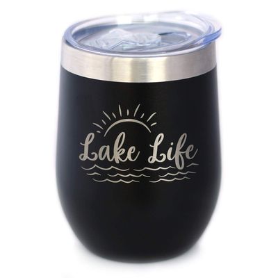 Lake Life - Wine Tumbler with Sliding Lid - Stemless Stainless Steel Insulated Cup - Cute Outdoor Camping Mug - Black
