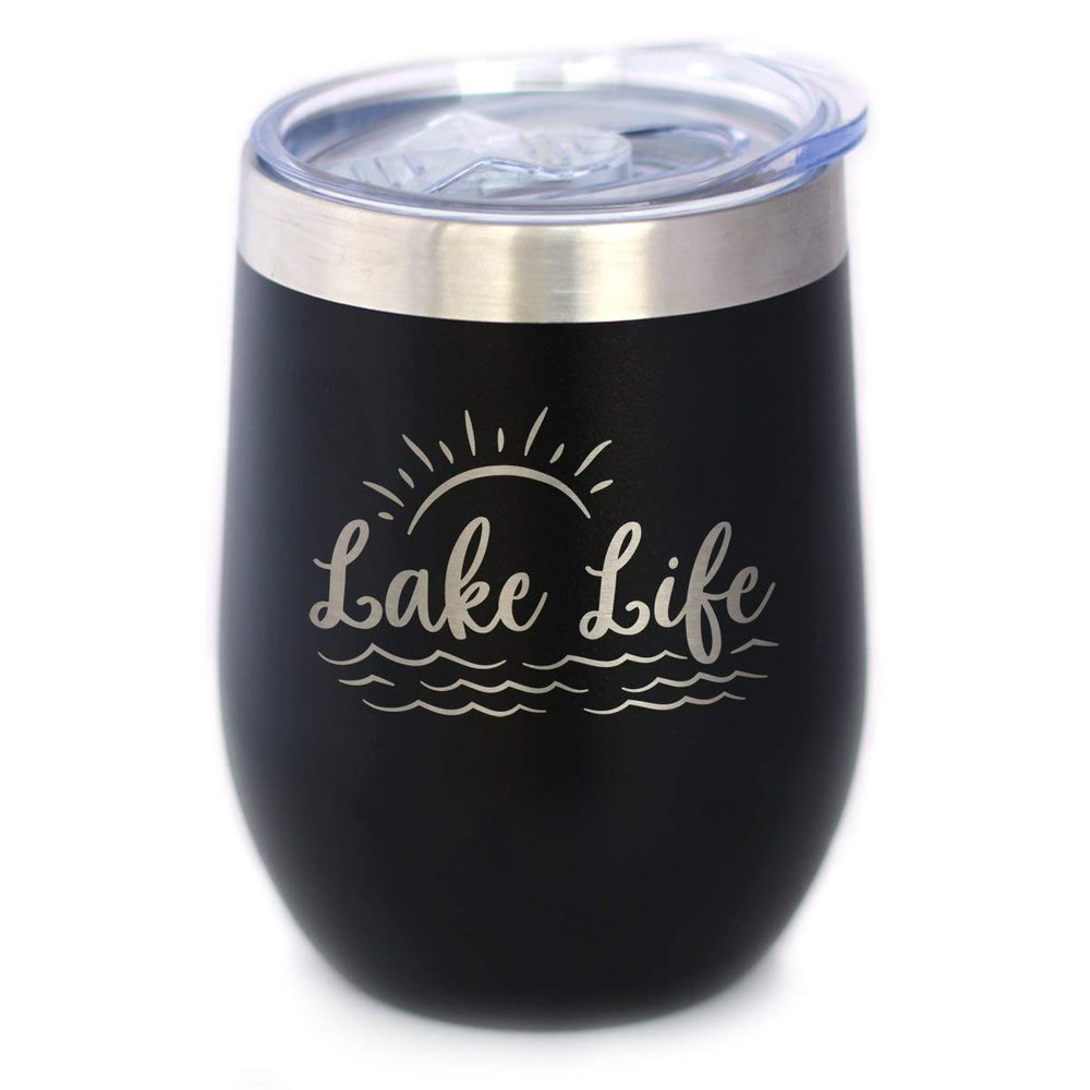 Lake Life - Wine Tumbler with Sliding Lid - Stemless Stainless Steel Insulated Cup - Cute Outdoor Camping Mug - Black