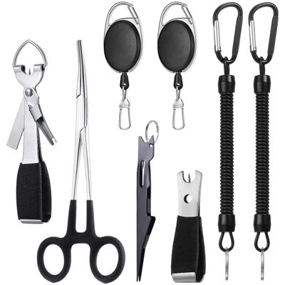 8 Pieces Fly Fishing Tools Accessories Include 4 in 1 Fly Line Clipper Black Knot Tyer Fishing Line Nipper Fishing Hook Remover Forcep Retractors Keychains and Fishing Lanyard for Anglers