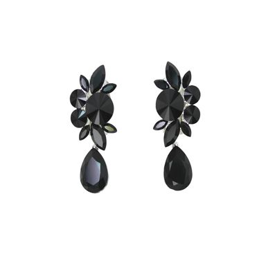 Faship Statement Black Premium Rhinestone Crystal Dangling Floral Clip On Earrings - Black