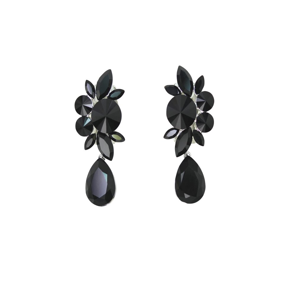 Faship Statement Black Premium Rhinestone Crystal Dangling Floral Clip On Earrings - Black