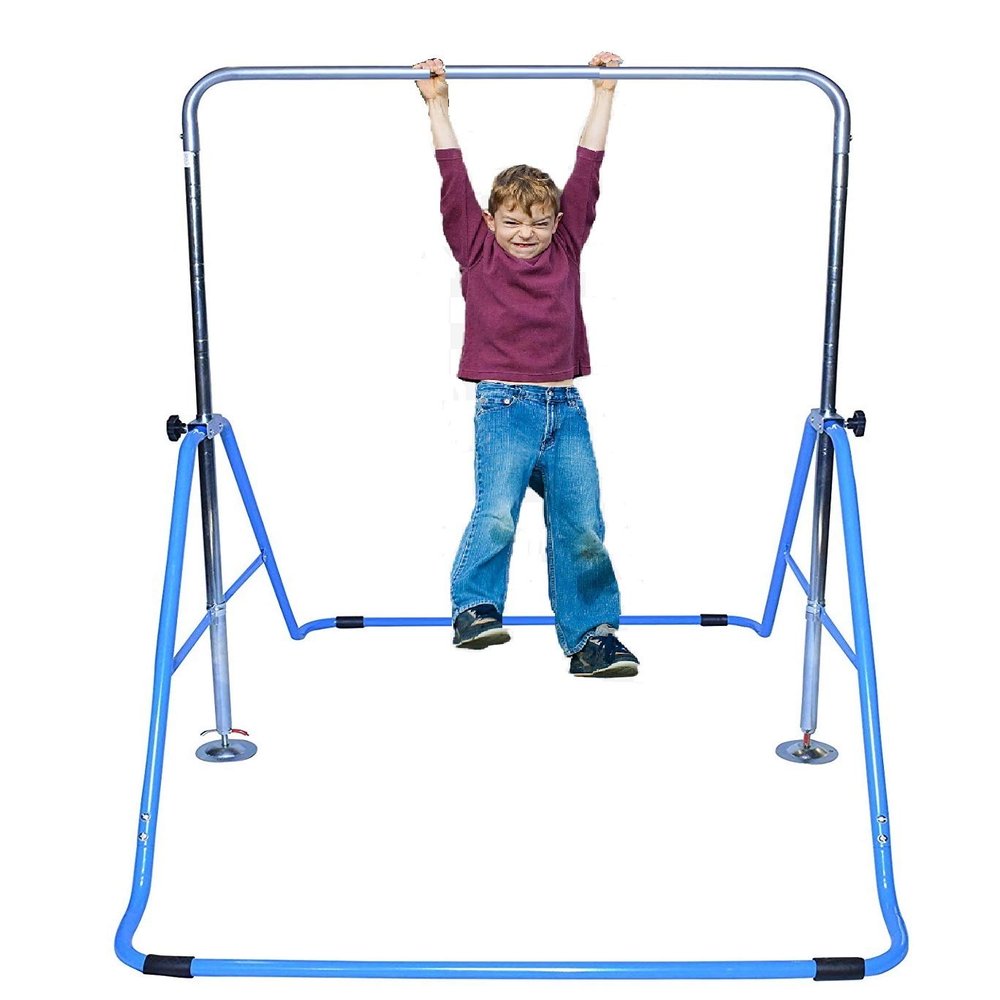 Athletic Bar Expandable Gymnastics Bar Horizontal Kip Bar Junior Training Adjustable Height Jungle Gym Children Monkey Bars Climbing Tower Playground Balance Bar Gymnasts w Gymnastics Gloves (Blue)