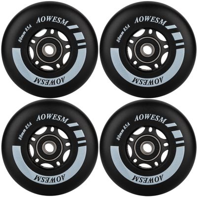 AOWESM Inline Skate Wheels 80mm 76mm 72mm 85a Outdoor Indoor Black Blue Red Roller Hockey Blades Replacement Wheels w/Bearings ABEC-9 and Floating Spacers (4-Pack) (Black, 80mm)