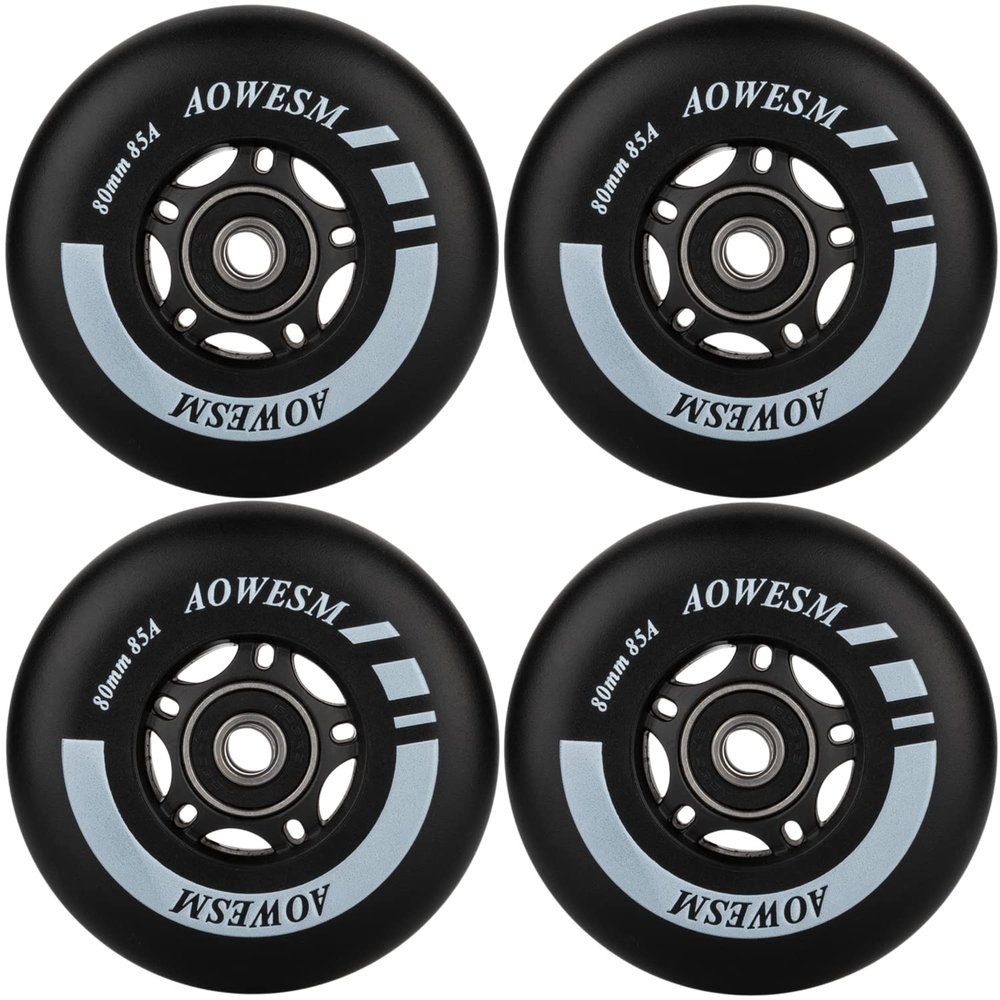 AOWESM Inline Skate Wheels 80mm 76mm 72mm 85a Outdoor Indoor Black Blue Red Roller Hockey Blades Replacement Wheels w/Bearings ABEC-9 and Floating Spacers (4-Pack) (Black, 80mm)