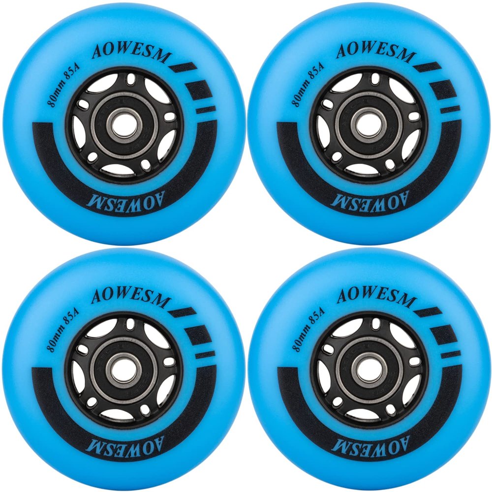 AOWESM Inline Skate Wheels 80mm 76mm 72mm 85a Outdoor Indoor Black Blue Red Roller Hockey Blades Replacement Wheels w/Bearings ABEC-9 and Floating Spacers (4-Pack) (Blue, 80mm)