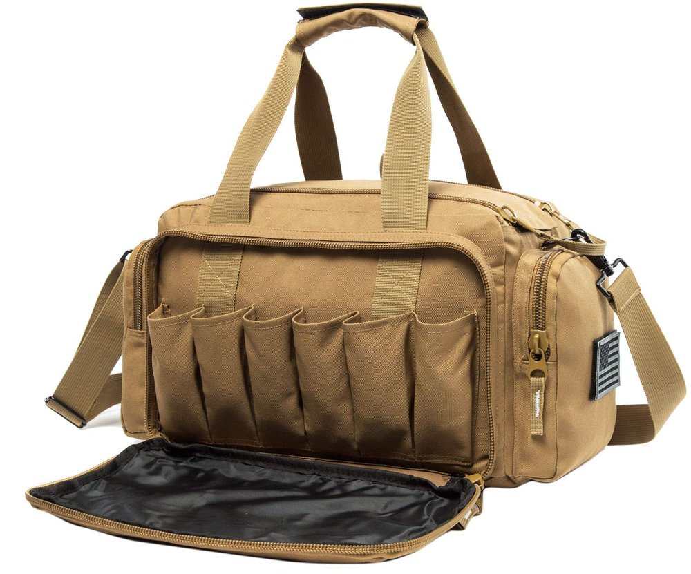 AIRTTUZ Range Bag | Gun Range Duffle Bag for Handguns and Ammo,USA Flag Patch Included. (Khaki)