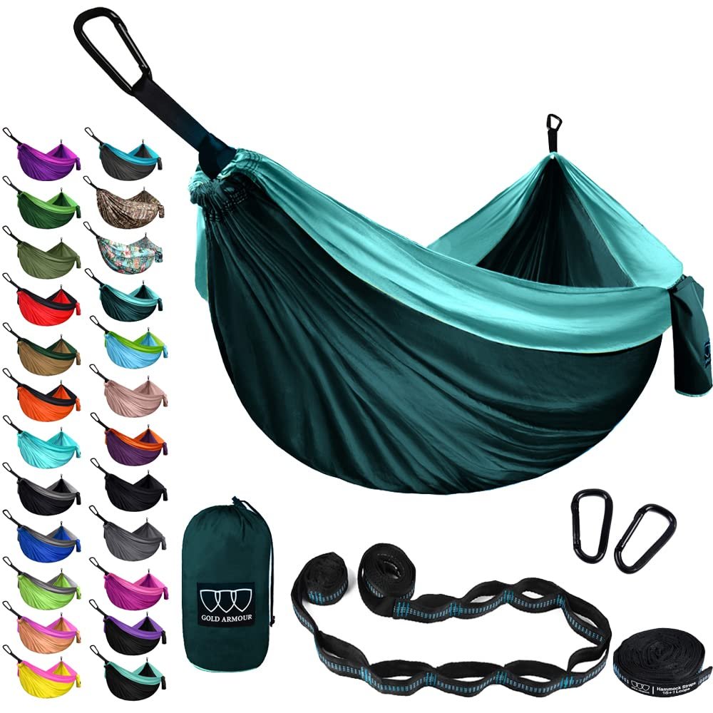 Gold Armour Camping Hammock - XL Double Hammock Portable Hammock Camping Accessories Gear for Outdoor Indoor with Tree Straps, USA Based Brand (Turquoise and Seafoam)