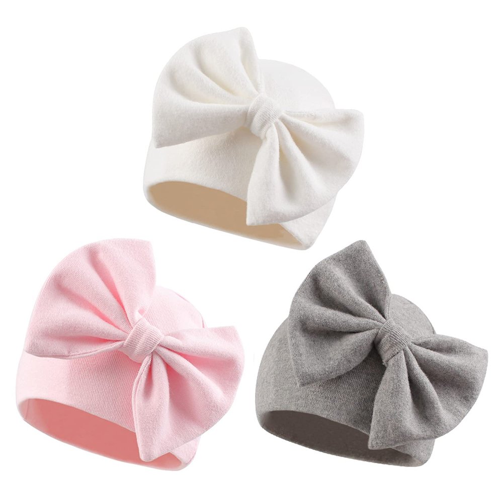 Bamery Newborn Baby Girl Hat Cotton Baby Bow Beanie Preemie Hats Spring Infant Hats for Girls 0-12 Months (White+Pink+Gray, Preemie)