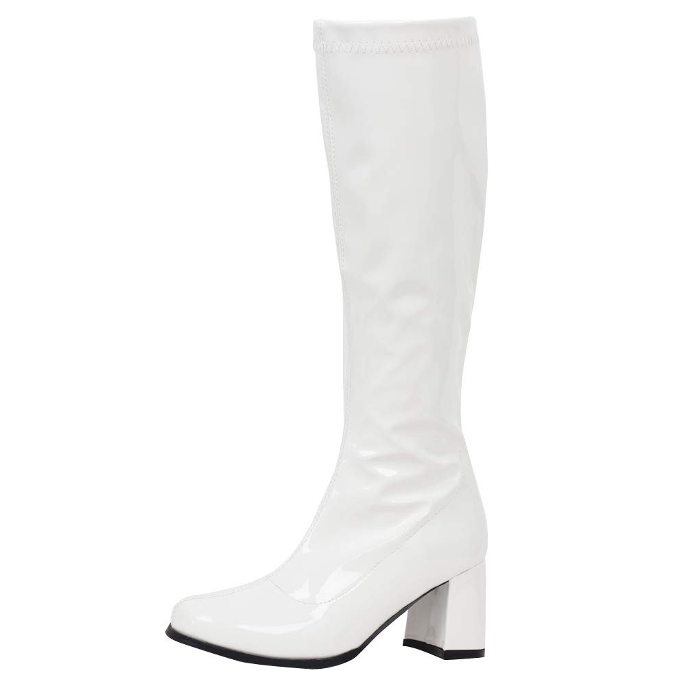 JiaLuoWei GOGO Boots for Women, Knee High Boots, PU Leather Zip Ladies Party Dance Shoes (6, White shiny)
