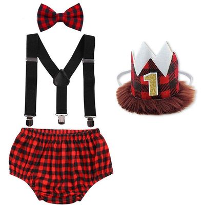 My 1st Birthday Outfit - Boy's Cartoon Theme Party Set - Bowtie Romper, Suspenders, Shorts, Diaper Cover, Smash Cake Photo Shoot - First Birthday Clothes - Formal Tuxedo Suit - Lumberjack Red