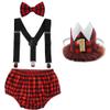 My 1st Birthday Outfit - Boy's Cartoon Theme Party Set - Bowtie Romper, Suspenders, Shorts, Diaper Cover, Smash Cake Photo Shoot - First Birthday Clothes - Formal Tuxedo Suit - Lumberjack Red view 1