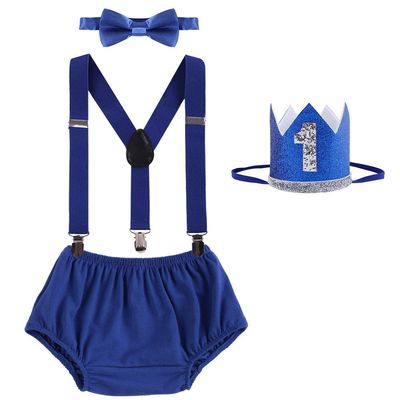 Royal Blue Baby Boy 1st Birthday Tuxedo Suit Set - Cartoon Theme Party Supplies, Bowtie Romper, Suspenders, Shorts, Diaper Cover, Smash Cake Photo Shoot